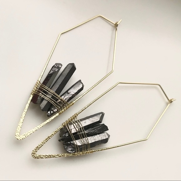 Geometric Quartz Crystal Wired Hoop Boho Earring - Picture 3 of 16